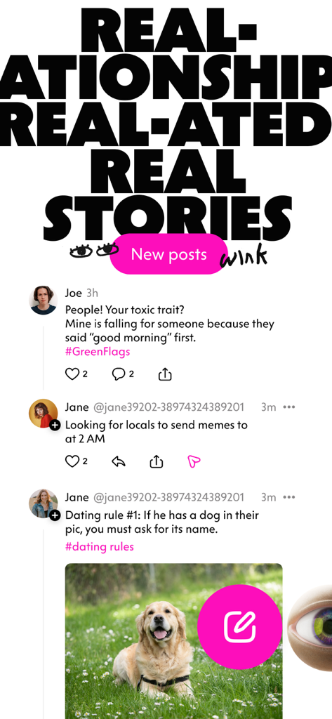 A screenshot of the Wink dating app social feed showing real user stories and posts with a dog photo