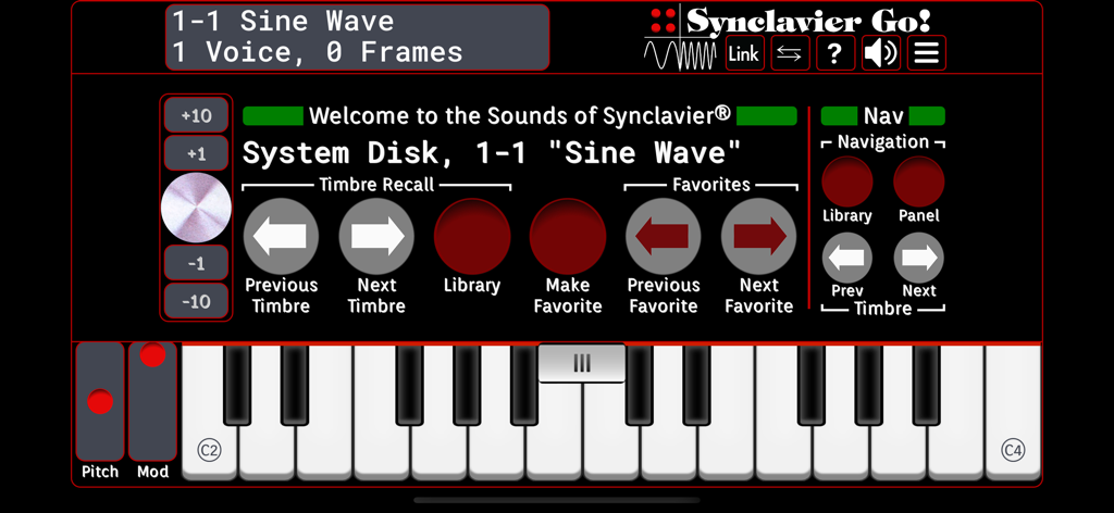 Synclavier Go app interface with virtual keyboard and synthesizer sound design controls