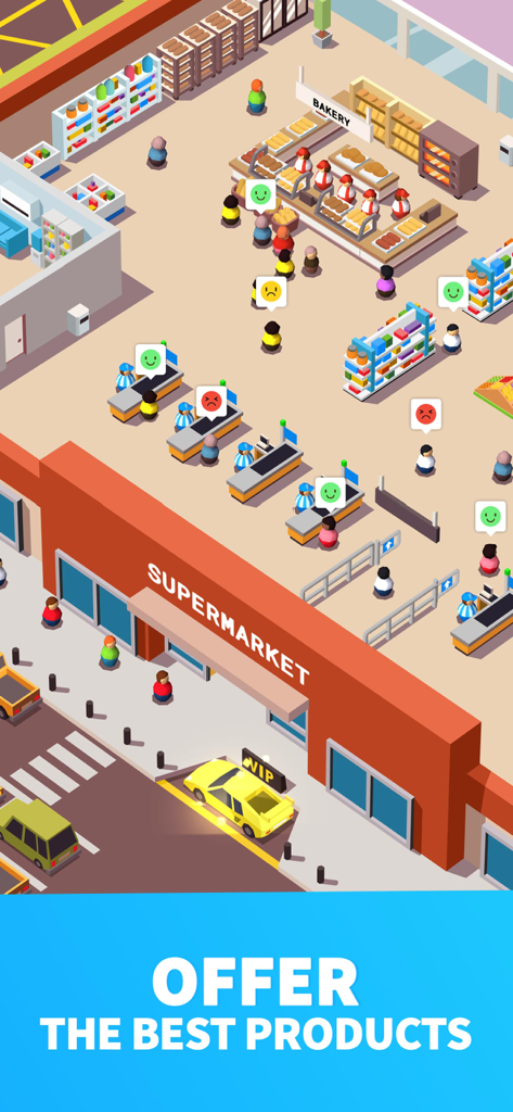 Idle Supermarket Tycoon - Shop - Vista isométrica de arriba hacia abajo de Idle Supermarket Tycoon que muestra el departamento de panadería y las colas de pago de clientes