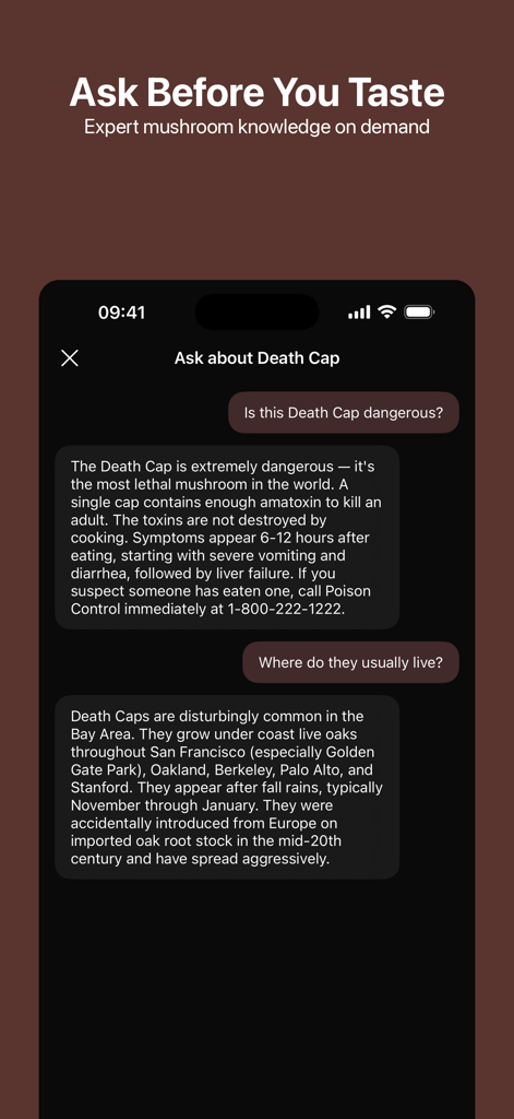 Foragr AI: Mushroom ID - AI chat interface within the Foragr AI app showing a conversation about the dangers and habitat of the Death Cap mushroom.