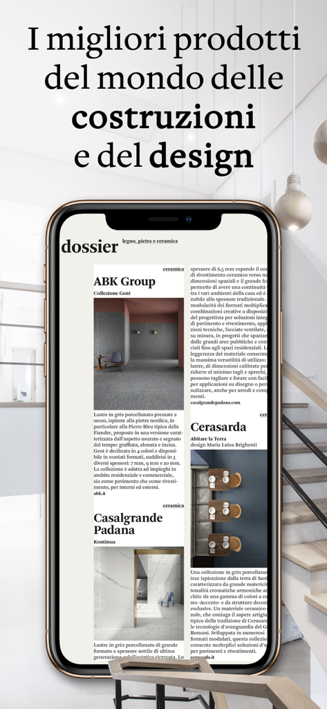 Casabella - App Casabella che mostra contenuti professionali di riviste di architettura e design su uno smartphone