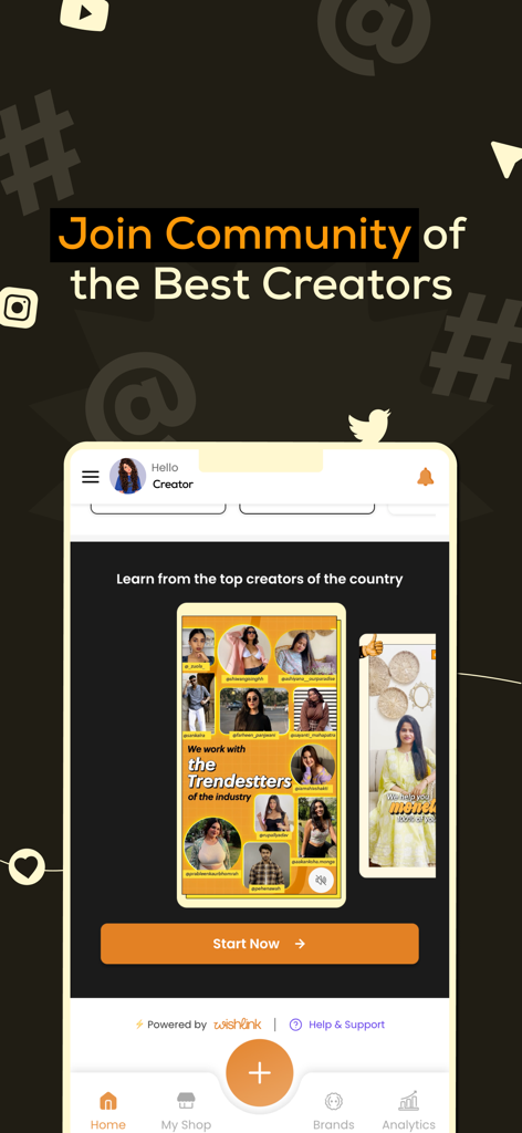 A mobile screen from the Wishlink Creator app featuring a community of top social media influencers and a start now button.