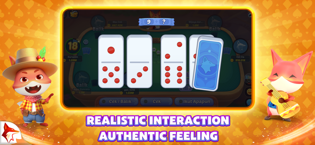 Pantalla de jugabilidad de Domino ZingPlay que muestra fichas de dominó grandes y mascotas de zorro animadas con el texto 'Interacción Realista, Sensación Auténtica.'