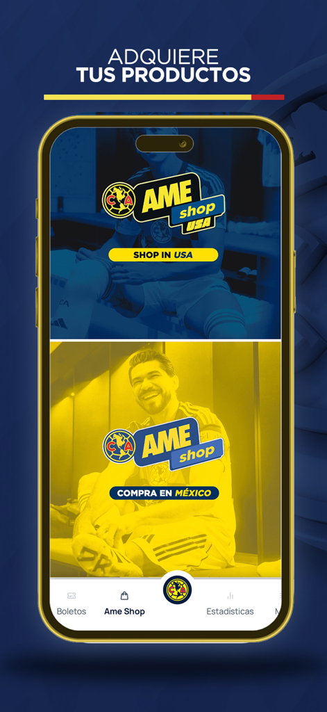 Club América - Sección Ame Shop de la app oficial del Club América con opciones de tienda para EE. UU. y México