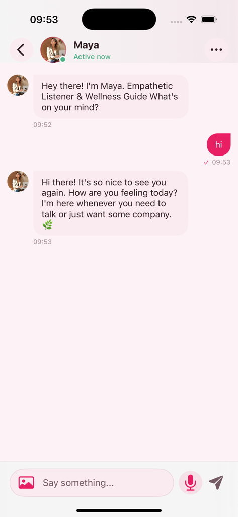 Evara - Chat & Companion - Una interfaz de chat en la aplicación Evara que muestra una conversación de apoyo con una compañera de IA llamada Maya.