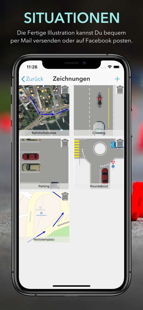 Smartphone screen showing various traffic situation diagrams and satellite maps for driving practice.