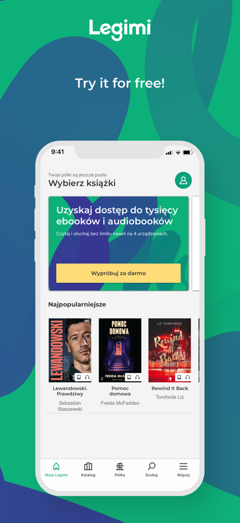 Legimi-App-Startbildschirm-Oberfläche, die vorgestellte E-Books und Hörbücher in einer virtuellen Bibliothek anzeigt.