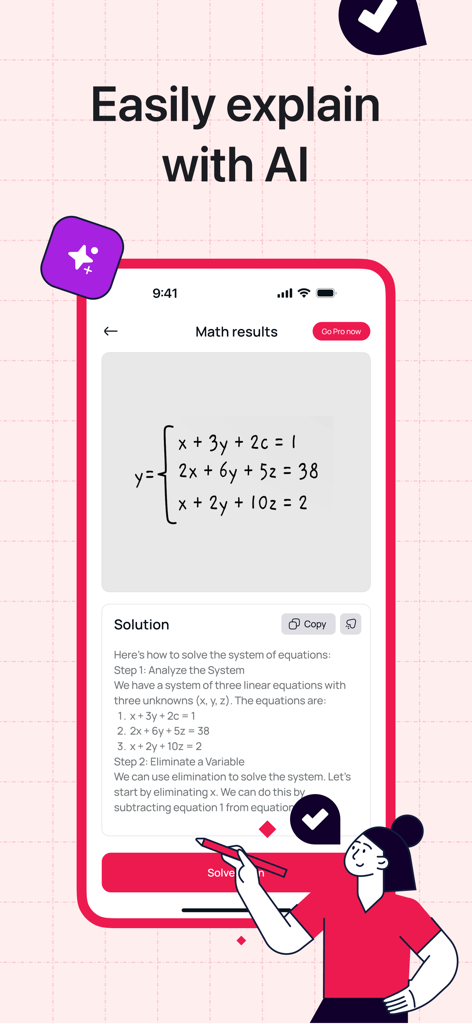 Camera Math app showing a detailed step by step AI explanation for a system of linear equations