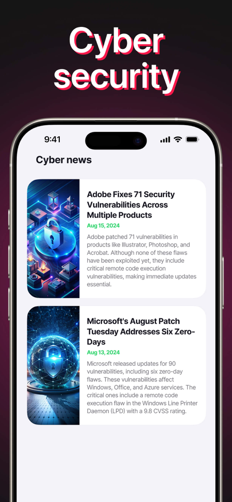 A mobile screen showing the cyber security news feed with articles about software vulnerabilities and patches.