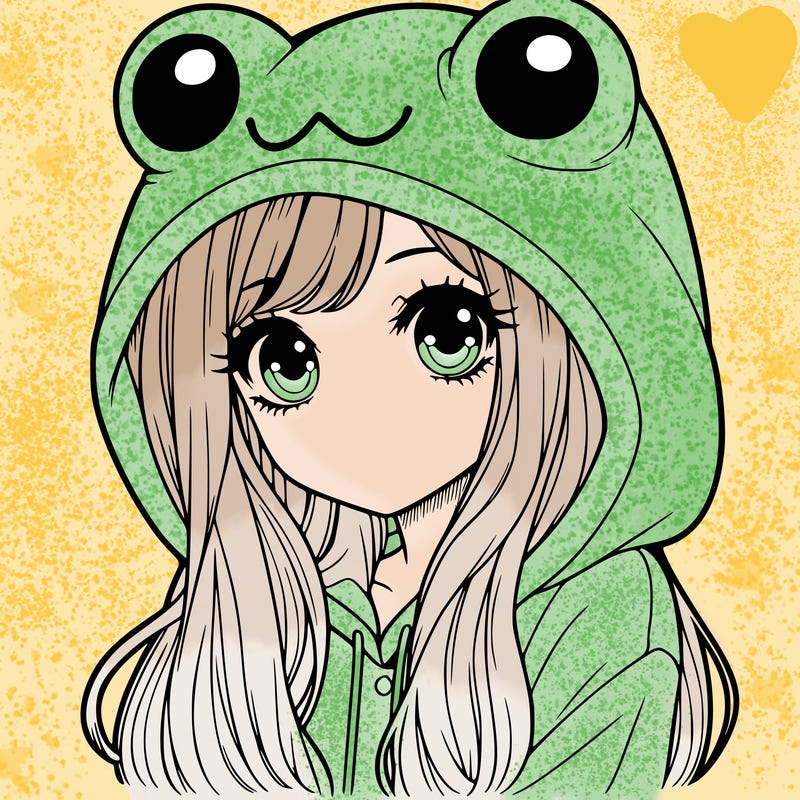 a pretty girl wearing a frog hoodie portrait with long hair