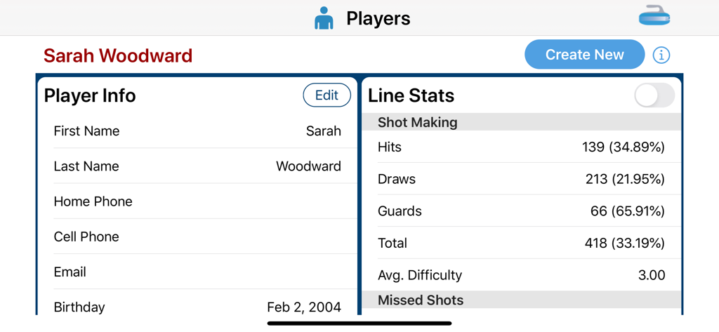 A screen from the Curl Coach 2 app showing a curling player's profile and shot-making statistics.