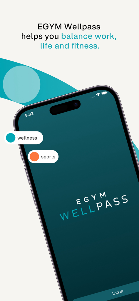Teléfono inteligente mostrando la interfaz de la aplicación EGYM Wellpass con el lema sobre el equilibrio entre la vida laboral y el fitness
