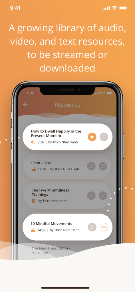Pantalla de la aplicación Plum Village que muestra una lista de recursos de meditación de audio y video de Thich Nhat Hanh