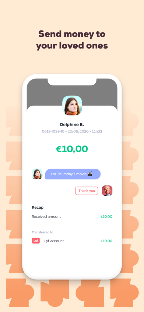 Lyf Pay Mobile App-Bildschirm, der eine Peer-to-Peer-Geldüberweisung von zehn Euro zwischen Freunden für einen Filmabend zeigt