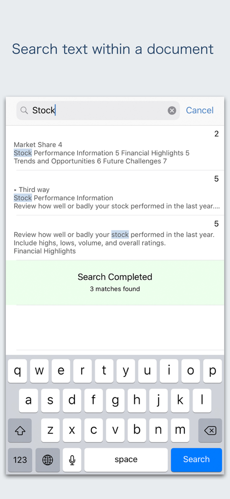 Mobile app screenshot showing the text search feature for a WordPerfect document on an iPhone