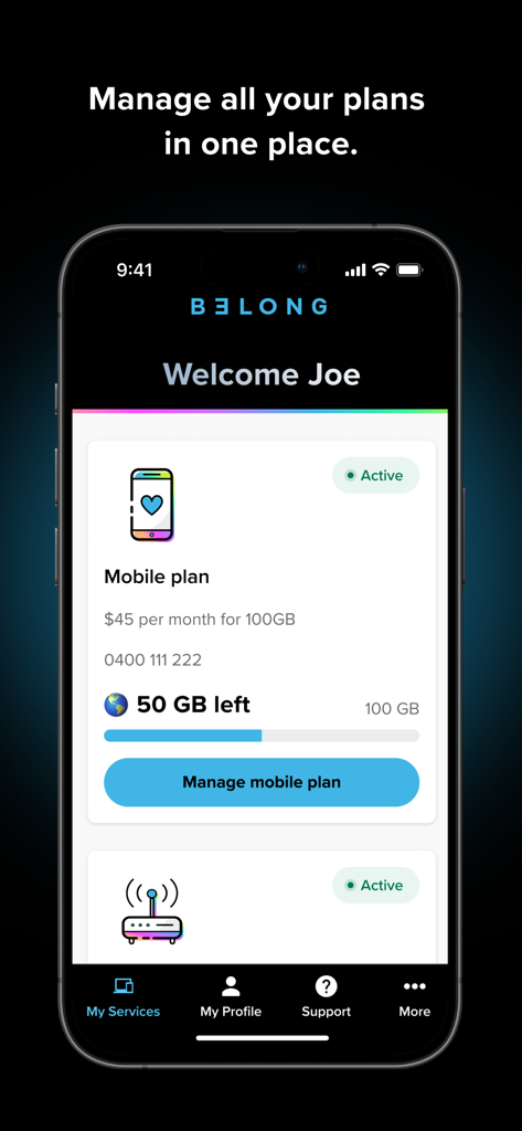 Belong mobile app dashboard showing mobile plan details and data usage balance