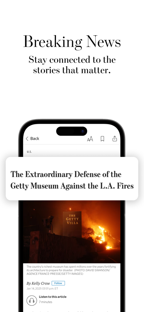 Smartphone screen showing The Wall Street Journal app with a breaking news article about the Getty Museum.