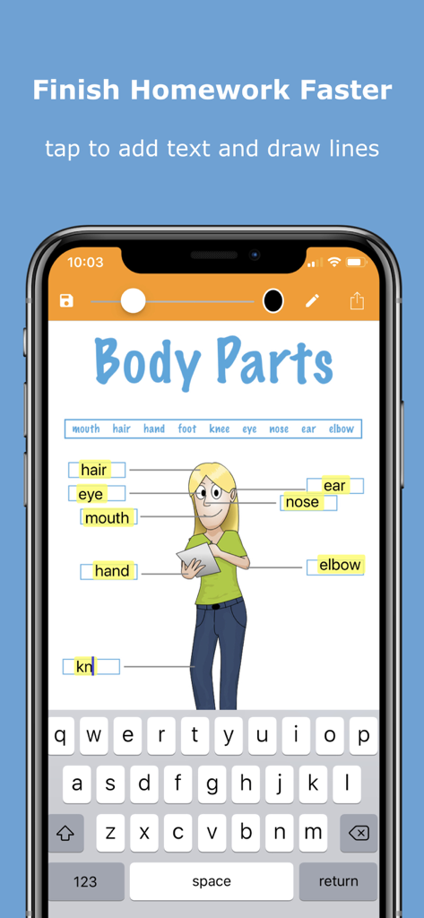 A student using SnapType Pro to type answers into a digital body parts worksheet on an iPhone screen.