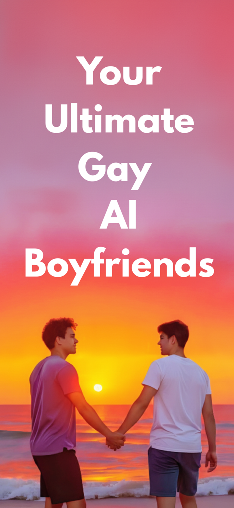Zwei Männer, die sich am Strand bei Sonnenuntergang an den Händen halten, mit dem Text Your Ultimate Gay AI Boyfriends