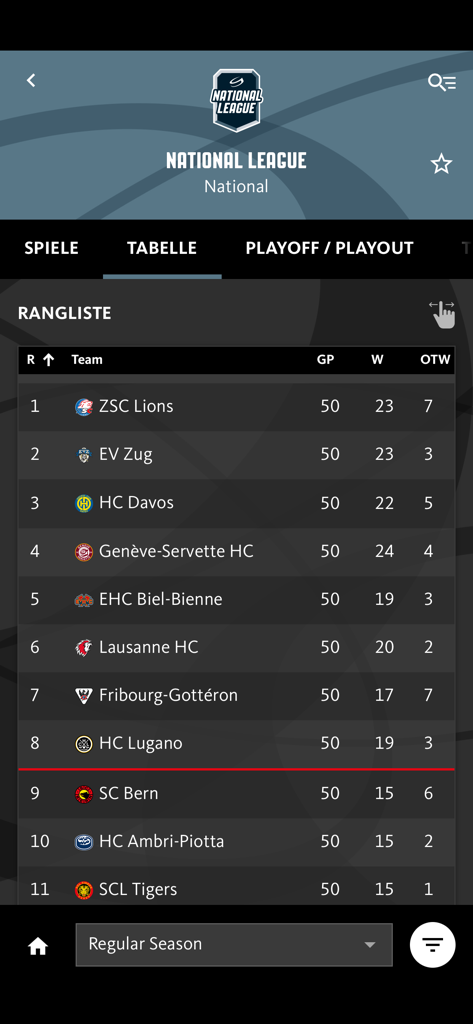 National League standings table in the Swiss Ice Hockey app