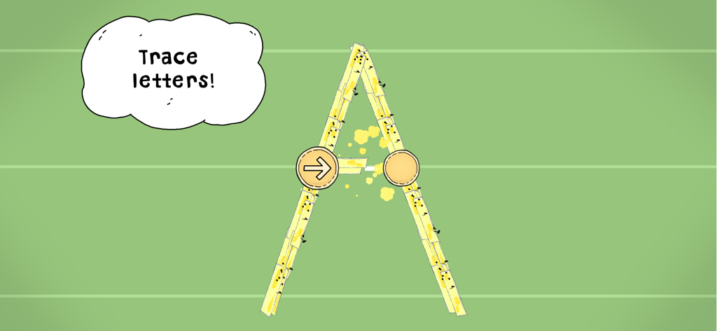 Uppercase letter A tracing activity on a green background in the Alfie Atkins educational app