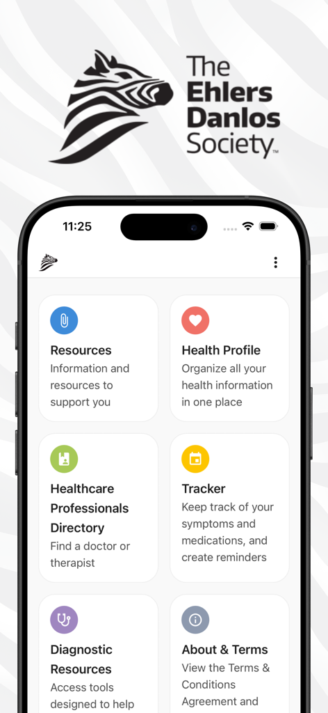 The Ehlers-Danlos Society - Dashboard principale dell'app The Ehlers Danlos Society che mostra opzioni per il monitoraggio della salute e risorse mediche