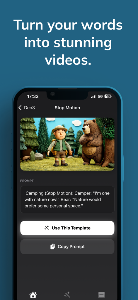 Deo ai: AI Video Maker - Oberfläche der Deo ai App, die einen Text-zu-Video-Generierungs-Prompt mit einer Stop-Motion-Animation eines Campers und eines Bären anzeigt.
