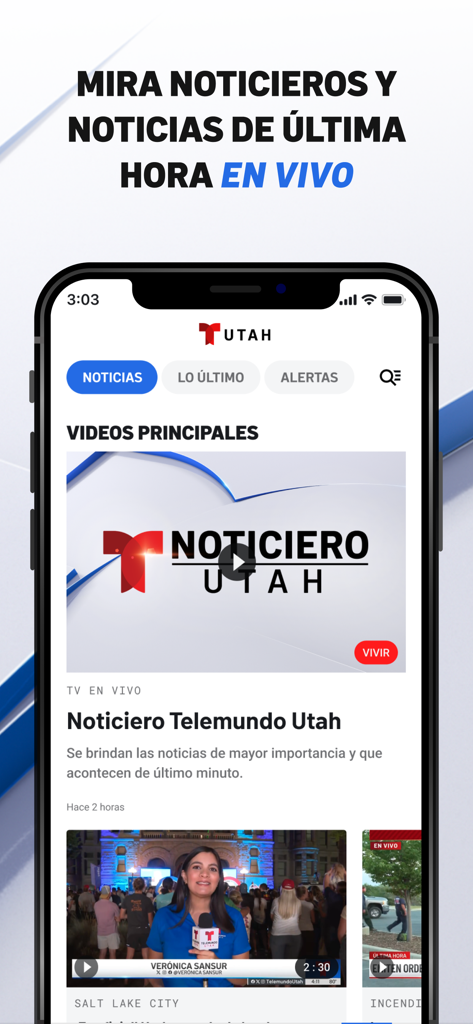 Telemundo Utah app screen showing live news and local video reports