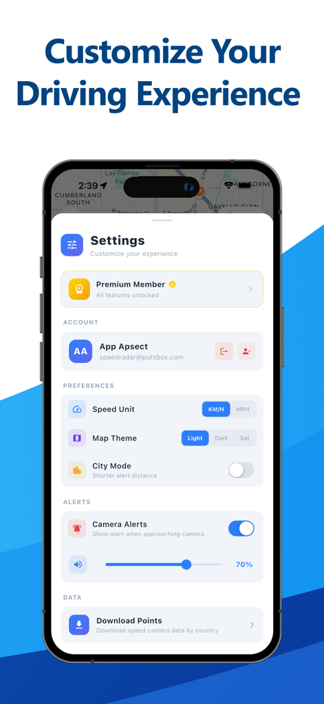 Speed Camera - Radar - Settings screen of the Speed Camera Radar app showing customization options for speed units, map themes, and alert preferences.