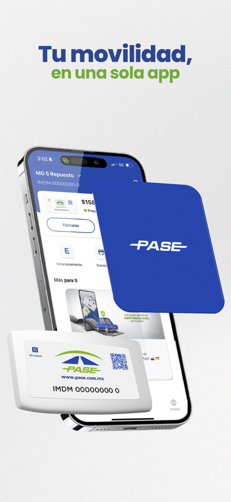 PASE - PASE mobile app interface displayed on a smartphone next to a physical toll tag for electronic payment in Mexico.
