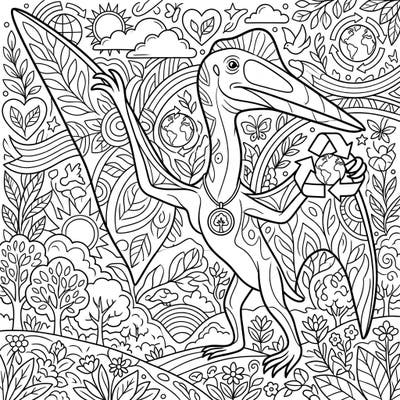 Journey back in time to celebrate Earth Day with our unique Hatzegopteryx coloring page, where prehistoric wonder meets environmental stewardship. This engaging design invites you to bring a giant pterosaur and a world of eco-friendly symbols to life with your favorite colors.