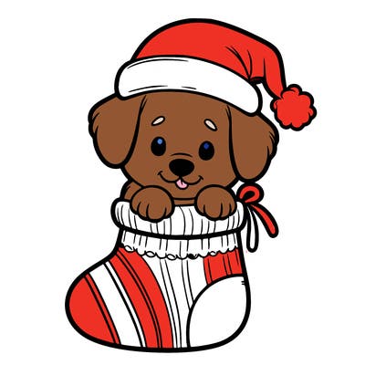 cute puppy wearing santa hat in socking