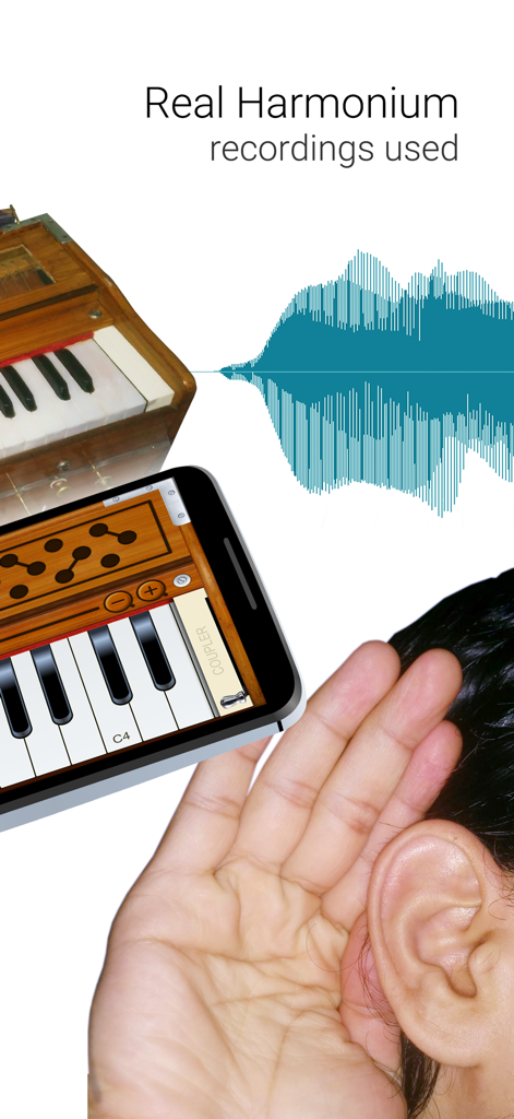 Harmonium - Official App - Smartphone mostrando la interfaz de la aplicación Harmonium con grabaciones de sonido reales y una persona escuchando.