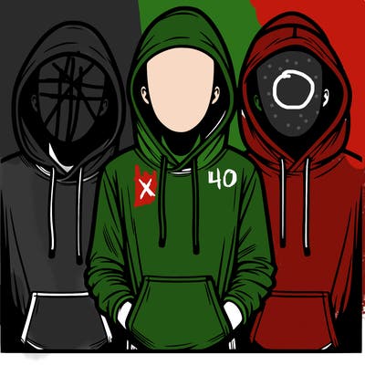 3 faceless people in  hoodies