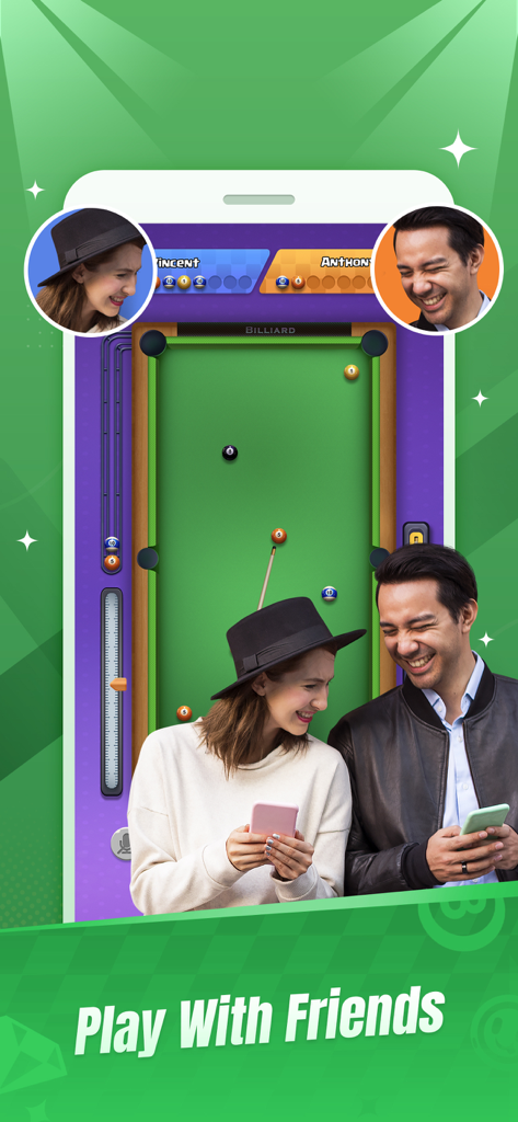 A screenshot of the Party Star app showing two people playing an online billiards game together while laughing.