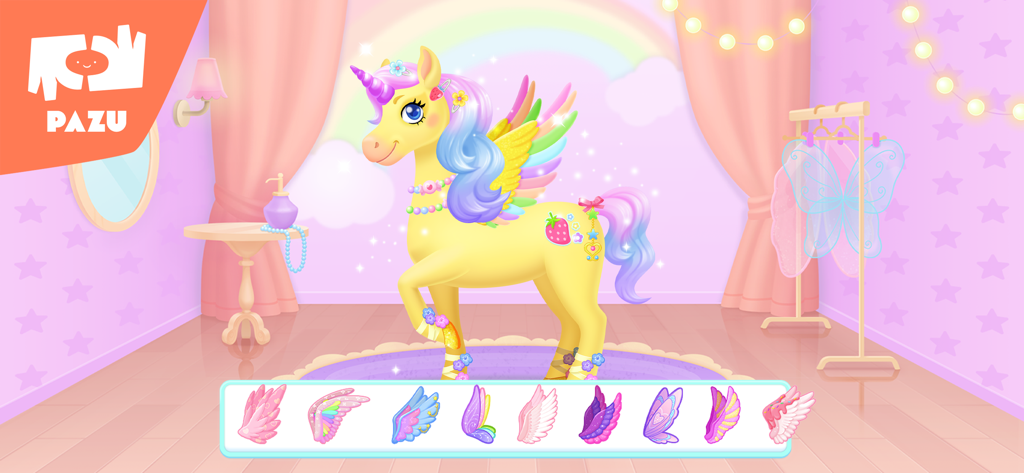My Unicorn dress up for kids - A yellow unicorn with rainbow hair in a pink room showing various colorful wing options for dress up customization