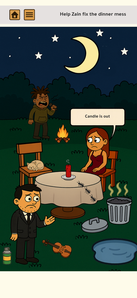 Zain trying to fix a messy outdoor dinner date with Noor in a cartoon puzzle game
