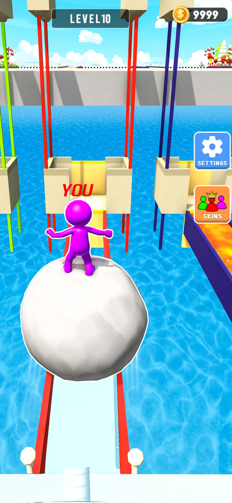 Snow Sprint: 3D Race Rush - A purple character rolling a giant snowball on a bridge in Snow Sprint 3D Race Rush