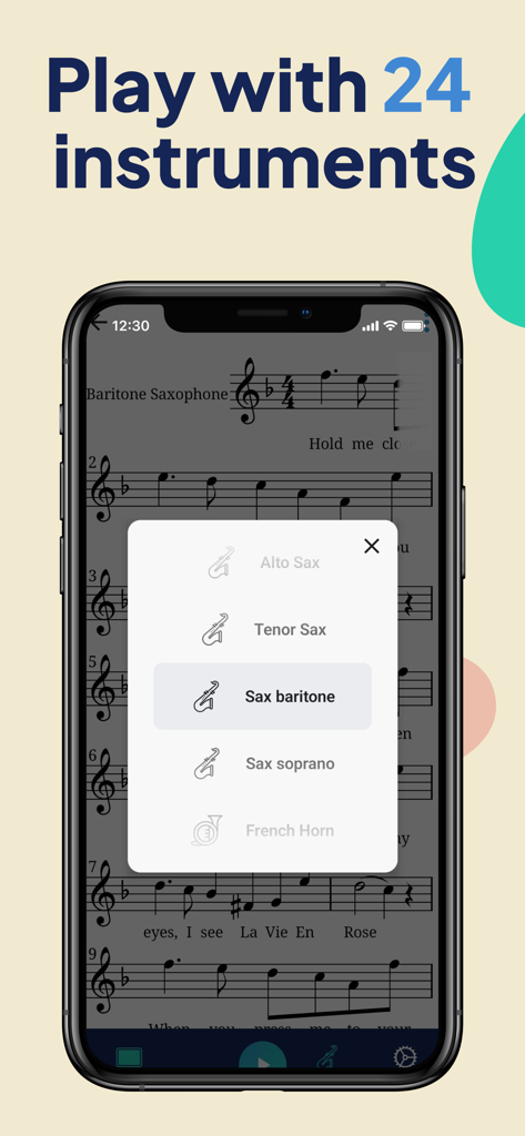 Sheet Music Reader Halbestunde - Halbestundeアプリでの楽譜再生用の楽器選択メニューを表示するスマートフォンの画面