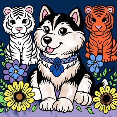 huskies the dog with tigers around it and flowers