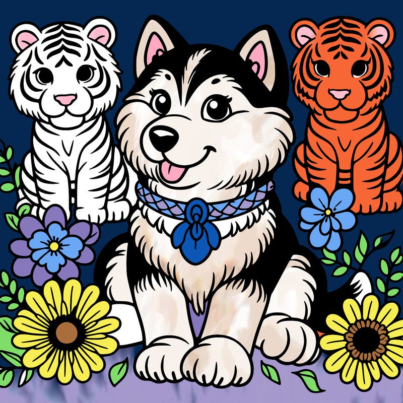 huskies the dog with tigers around it and flowers