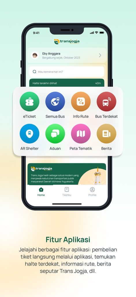 Trans Jogja - Trans Jogja app dashboard showing navigation features including eTicket, bus routes, and real-time bus locations