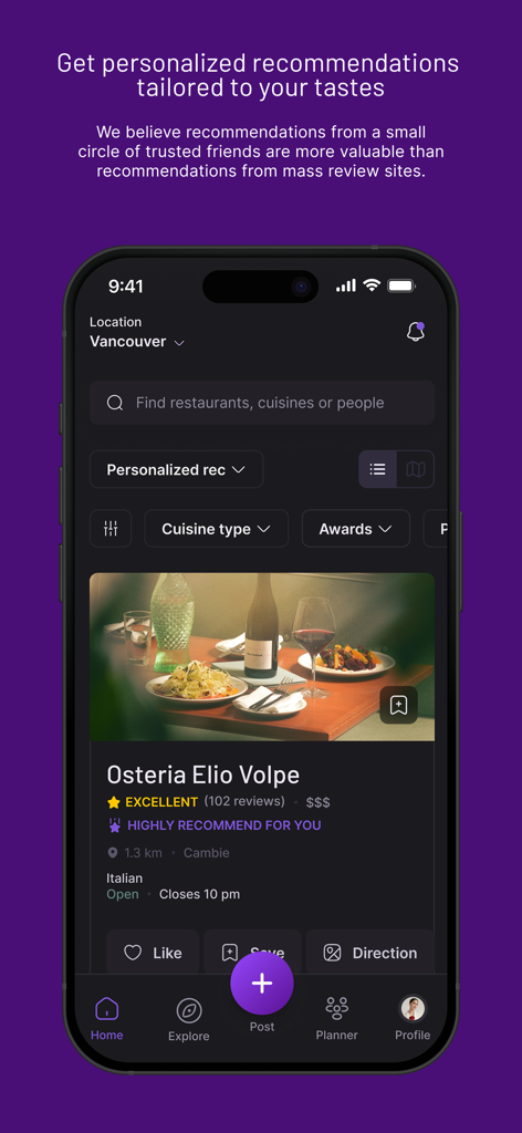 Umamii app interface showing a personalized restaurant recommendation tailored to user tastes