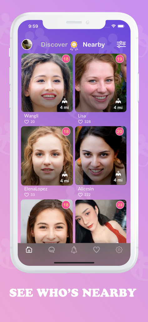 Interface of the Local Dating app showing a grid of profiles of people nearby