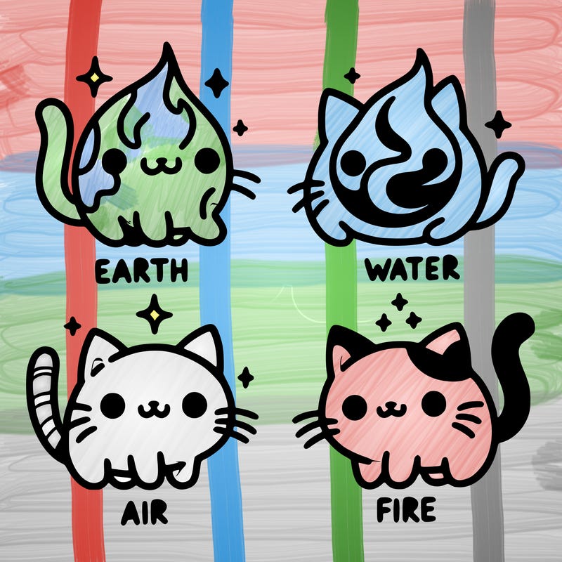 4 cats that represent the different elements, earth, water, air, and fire