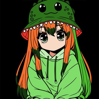 girl with anime shaped eyes with a dinosaur bucket hat oversized sweatshirt long straight hair