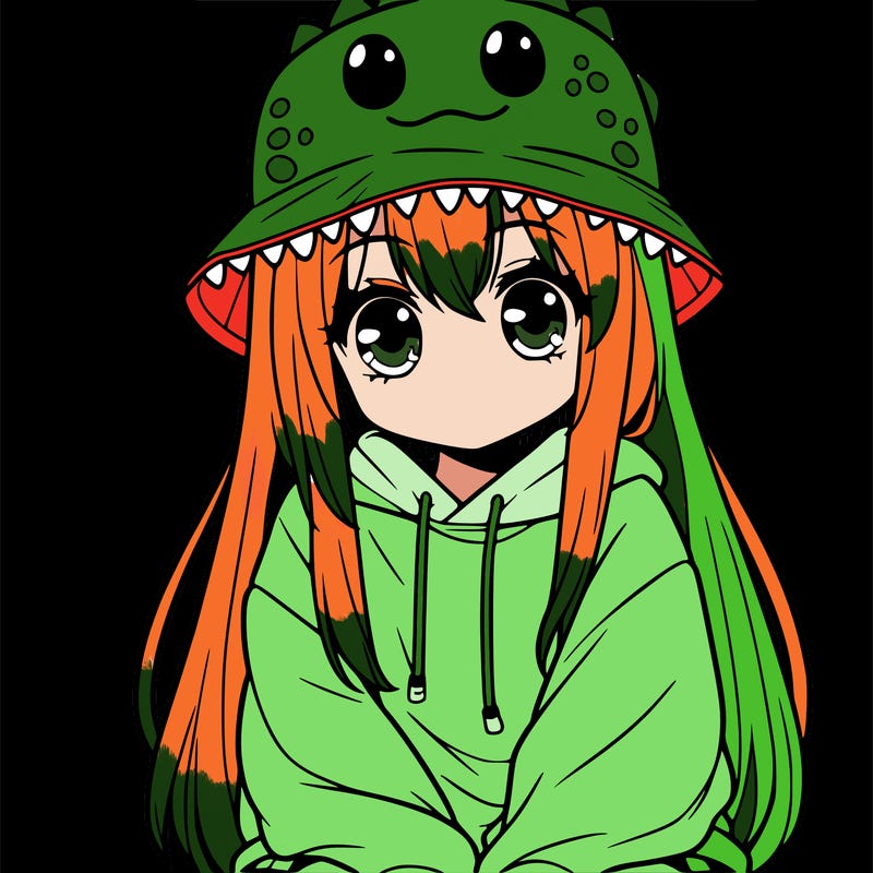 girl with anime shaped eyes with a dinosaur bucket hat oversized sweatshirt long straight hair