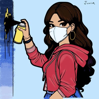 realistic girl with mask spray painting a wall