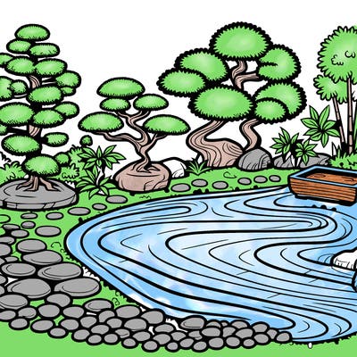 a serene zen garden with raked gravel, bonsai trees, and tranquil ponds