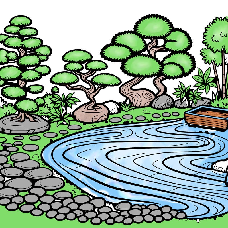 a serene zen garden with raked gravel, bonsai trees, and tranquil ponds